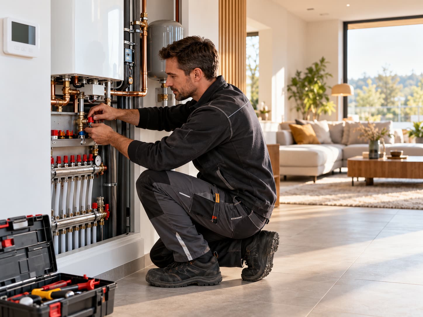 Raccordements en cuivre et collecteur d’une installation — illustration du service chauffage